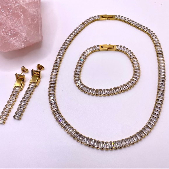 18K Gold Plated Fancy Choker square Cubic Zirconia Tennis Necklace - Picture 12 of 12